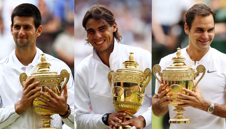 Novak Djokovic, Rafael Nadal, and Roger Federer with Wimbledon trophies