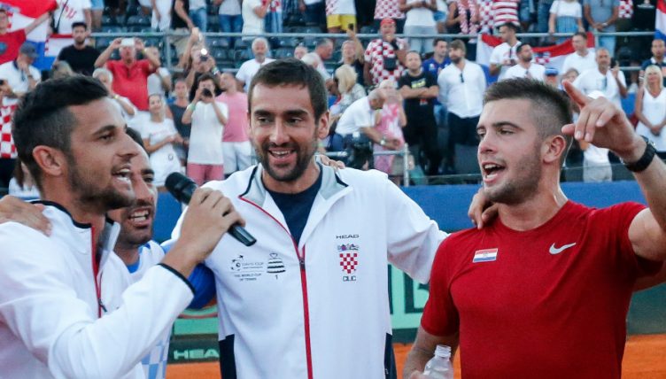 Mate Pavic, Marin Cilic and Borna Coric celebrate Davis Cup win
