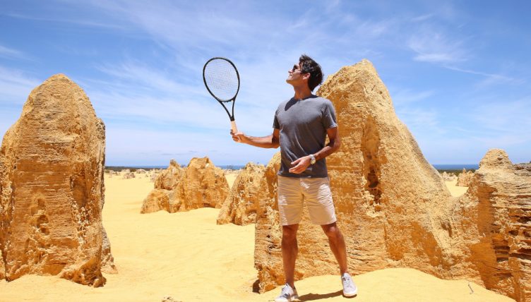 Roger Federer playing tennis in Pinnacles Desert