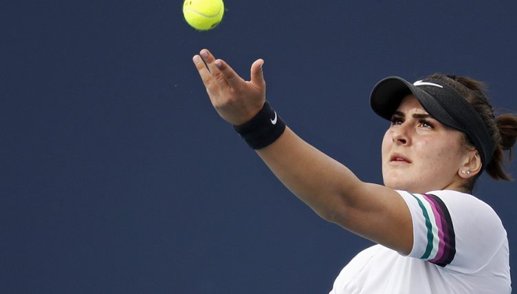 Bianca Andreescu serving at Miami Open PA