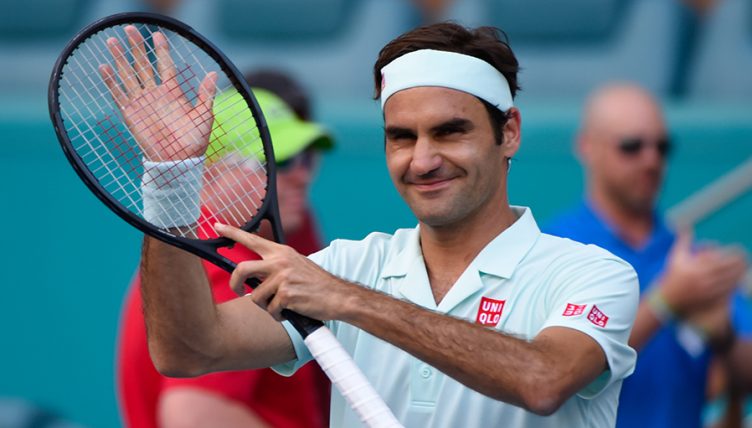 Roger Federer celebrates at Miami Open PA
