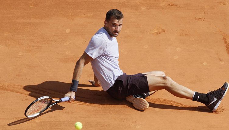 Grigor Dimitrov wins point against Rafael Nadal on floor PA