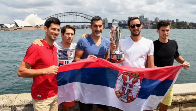 Serbia ATP Cup squad Novak Djokovic, Dusan Lajovic, captain Nenad Zimonjic, Viktor Troicki and Nikola Milojevic