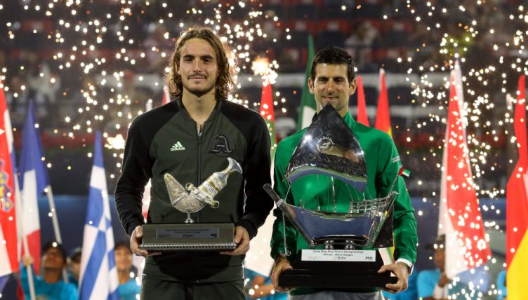 Stefanos Tsitsipas and Novak Djokovic in Duba