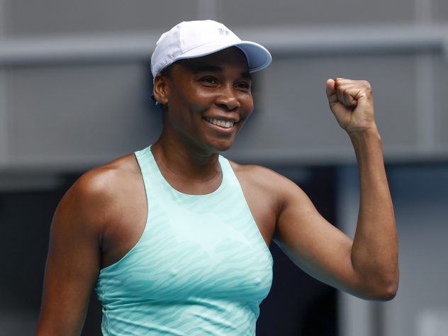 Venus Williams celebrates victory over Kirsten Flipkens