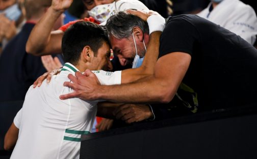 Novak Djokovic and Goran Ivanisevic celebrate