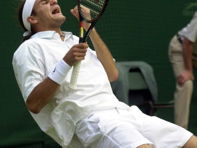 Federer celebrates his five-set victory over Pete Sampras in the fourth round at Wimbledon in 2001, which heralded his arrival as the game's next star