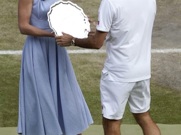 He collected another Wimbledon runner-up trophy in 2019, presented by the Duchess of Cambridge