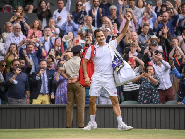 A final Wimbledon wave? Federer salutes the crowd after his defeat to Hubert Hurkacz in the quarter-finals at this year's Wimbledon