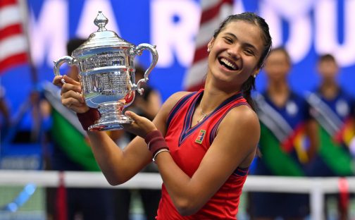 US Open women's champion Emma Raducanu celebrates