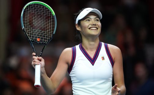 Emma Raducanu celebrates after a match
