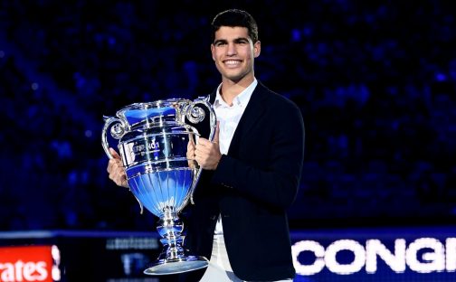 Carlos Alcaraz with year-end No 1 trophy