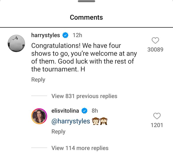 Elina Svitolina and Harry Styles Instagram exchange