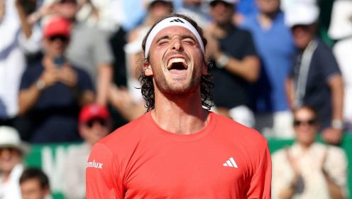 Stefanos Tsitsipas celebrates beating Jannik Sinner in Monte Carlo Masters 2024