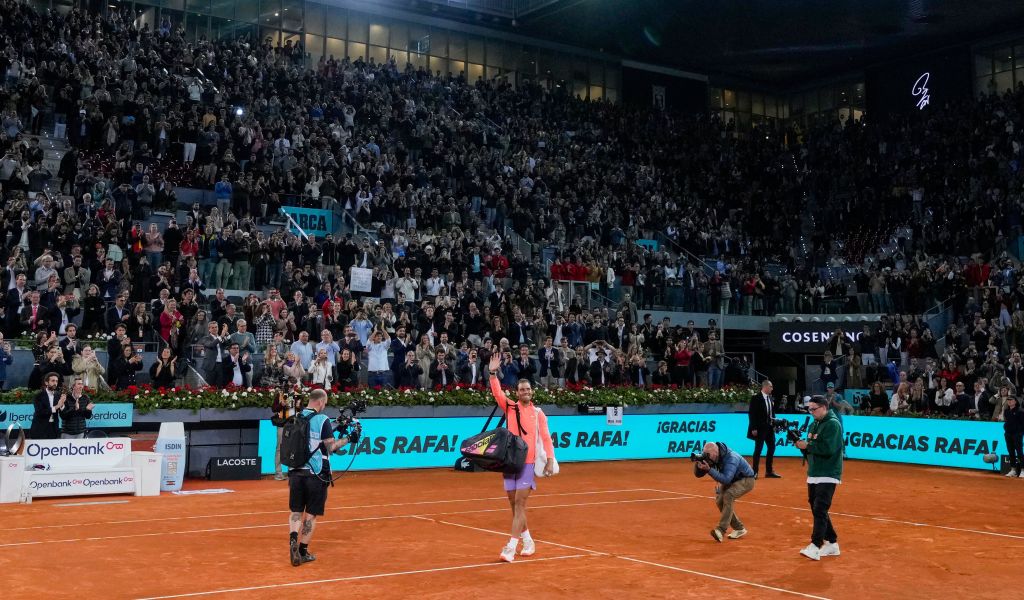 Rafael Nadal waves farewell to the Madrid fans for the last time