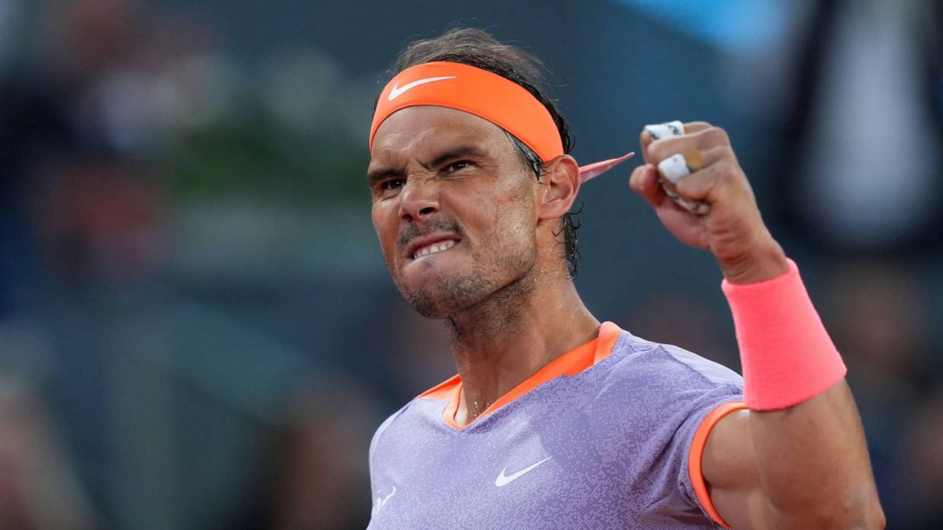 Rafael Nadal of Spain in action against Jiri Lehecka of Czech Republic during the Mutua Madrid Open 2024, ATP Masters 1000 and WTA 1000, tournament celebrated at Caja Magica on April 30, 2024 in Madrid, Spain