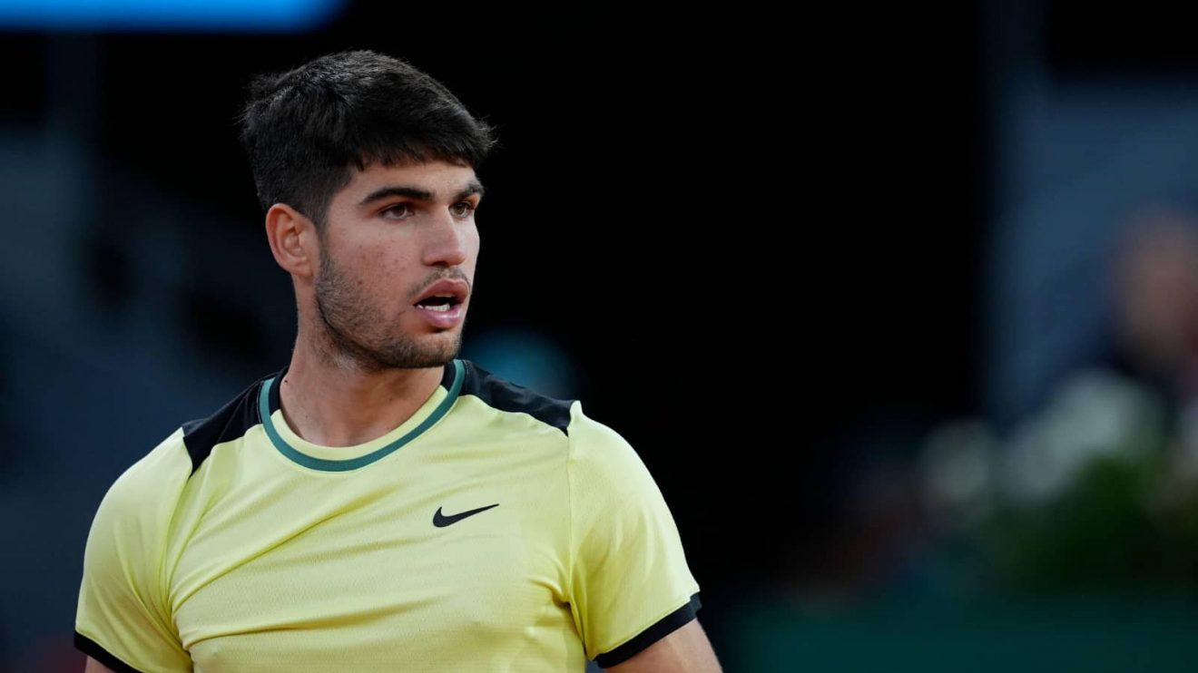 Carlos Alcaraz of Spain in action against Andrey Rublev of Russia during the Mutua Madrid Open 2024, ATP Masters 1000 and WTA 1000, tournament celebrated at Caja Magica on May 01, 2024 in Madrid, Spain