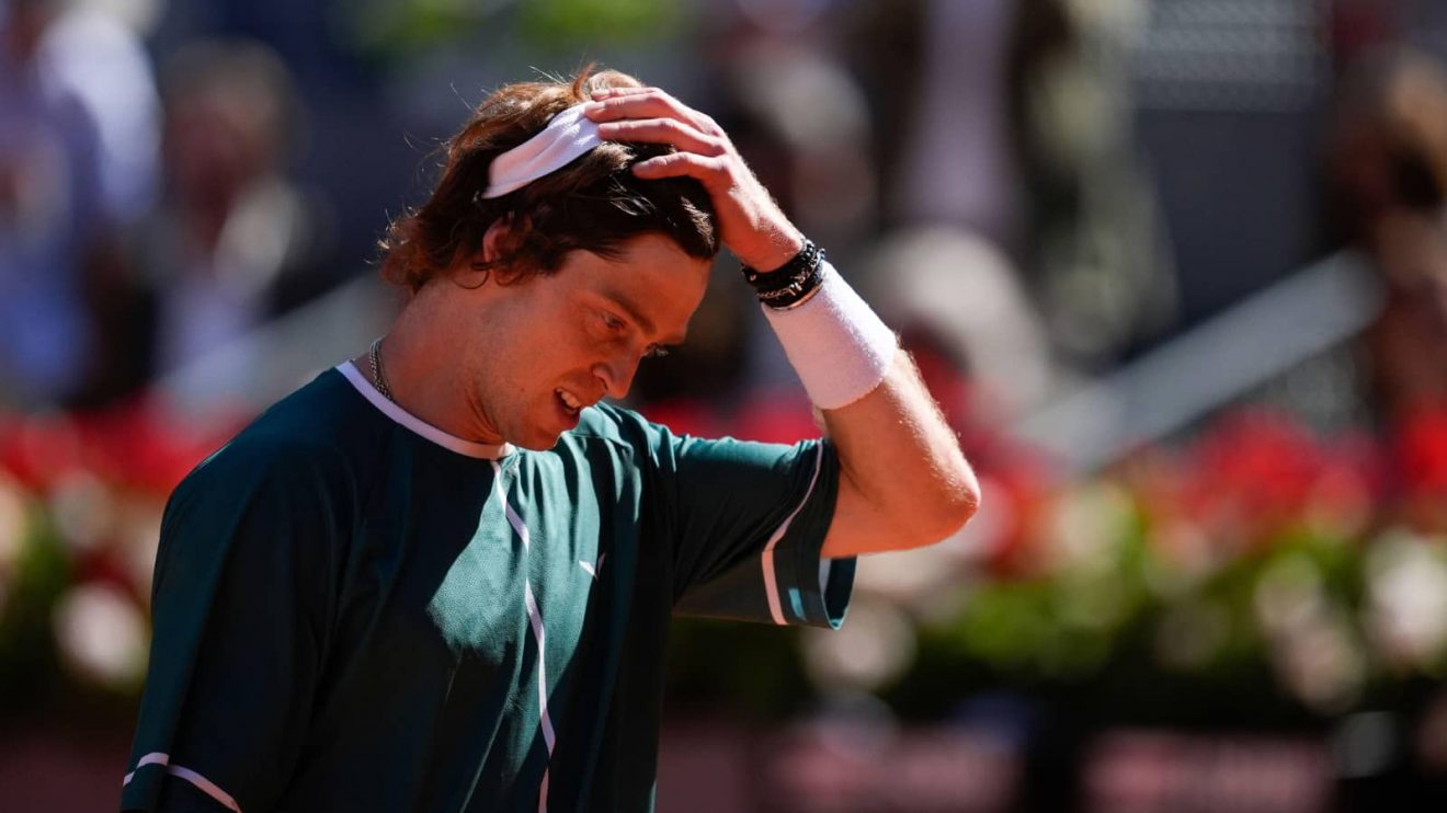Andrey Rublev of Russia celebrates after winning against Taylor Fritz of United States during the Mutua Madrid Open 2024, ATP Masters 1000 and WTA 1000, tournament celebrated at Caja Magica on Mayo 03, 2024 in Madrid, Spain