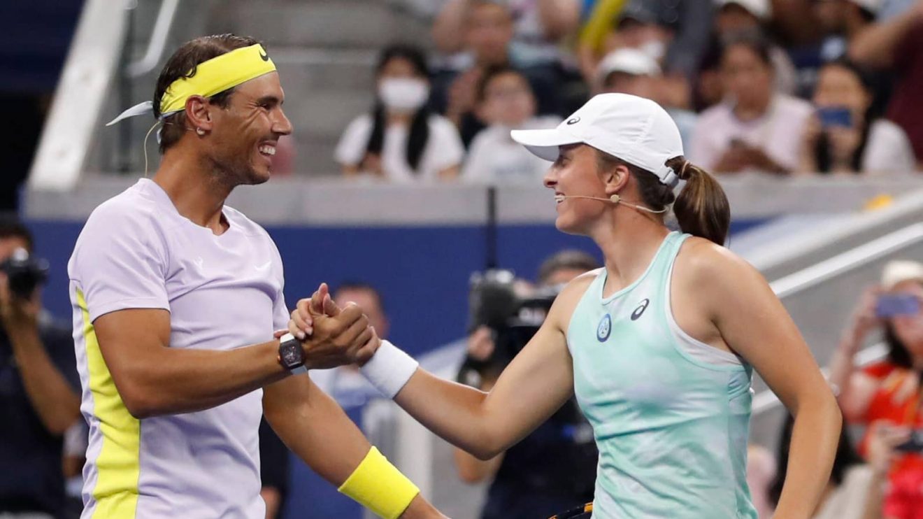 Iga Swiatek and Rafael Nadal and during the Tennis Plays For Peace event at the 2022 US Open, Wednesday, Aug. 24, 2022 in Flushing, NY