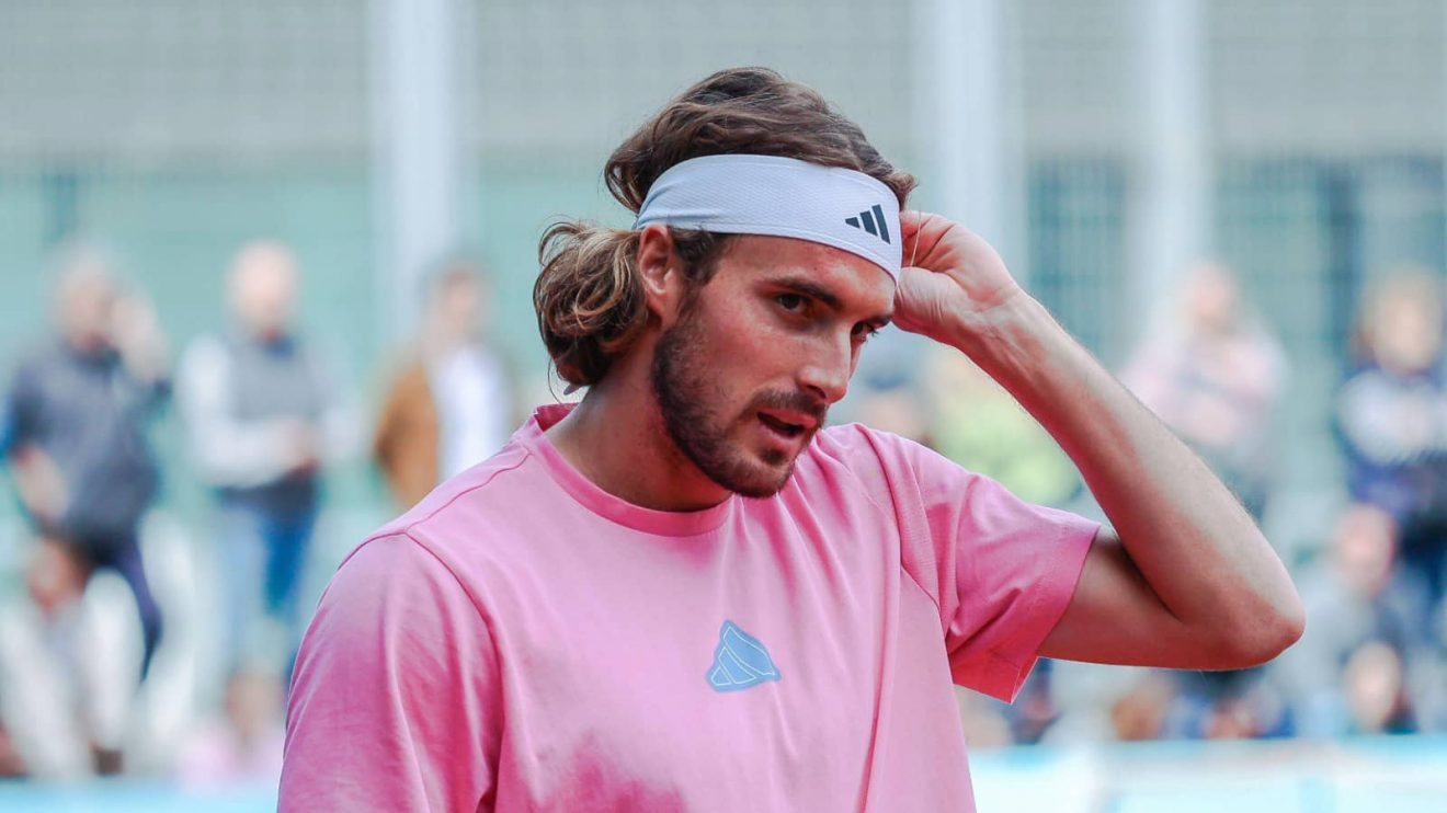 Stefanos Tsitsipas of Greece trains on Day Four of the Mutua Madrid Open 2024 tournament at La Caja Magica
