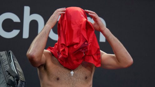 Novak Djokovic with his face covered