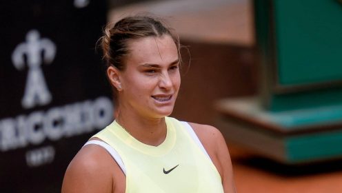 Aryna Sabalenka looks on during a match