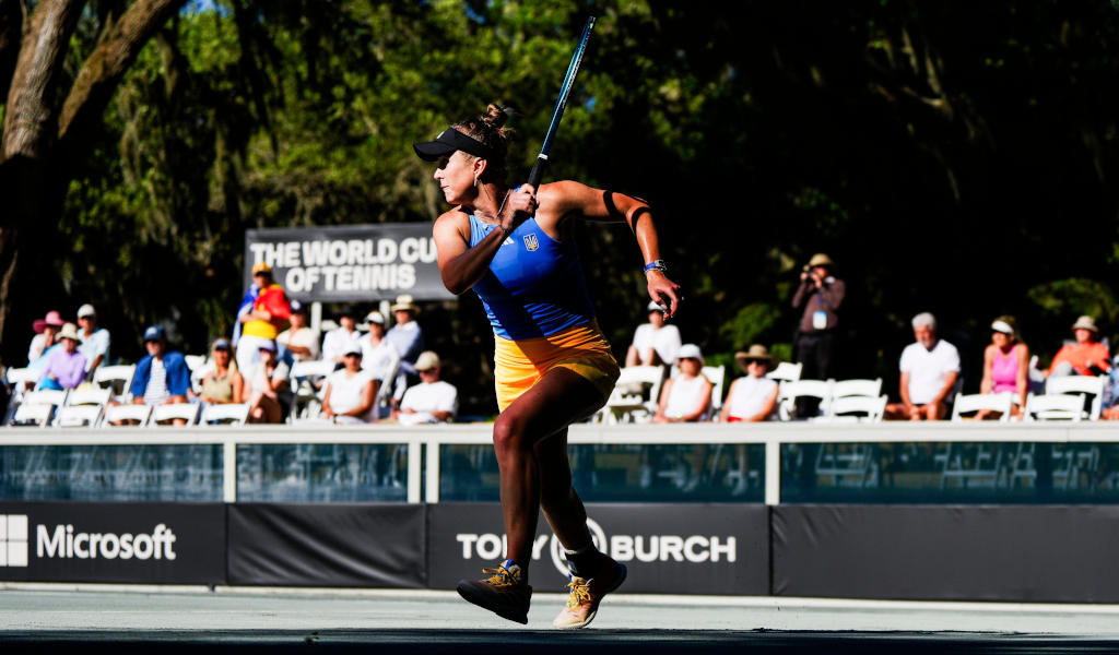 Elina Svitolina of Ukraine hits a backhand during a singles match in the Billie Jean King Cup