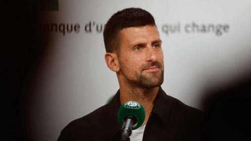 Serbia's Novak Djokovic listen to a question during a press conference ahead his first round match of the French Open tennis tournament at the Roland Garros stadium in Paris, Sunday, May 26, 2024