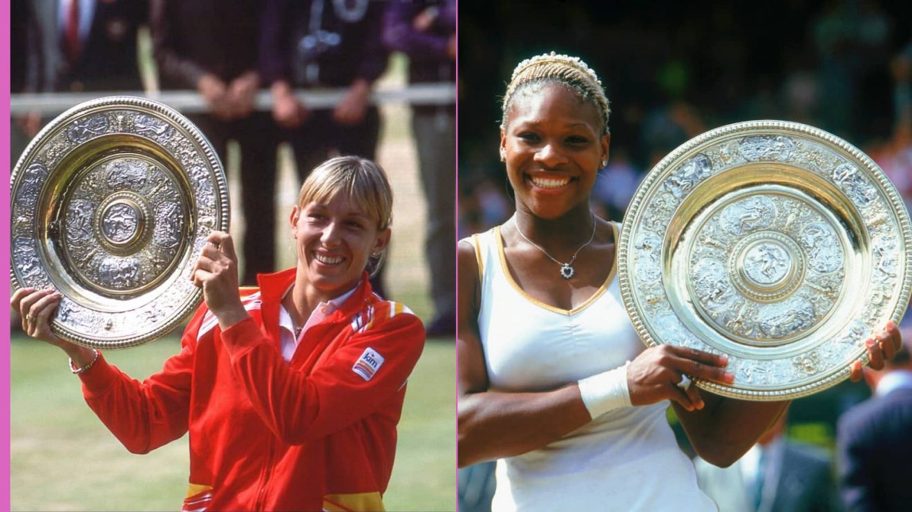 Martina Navratilova and Serena Williams with the Wimbledon trophy
