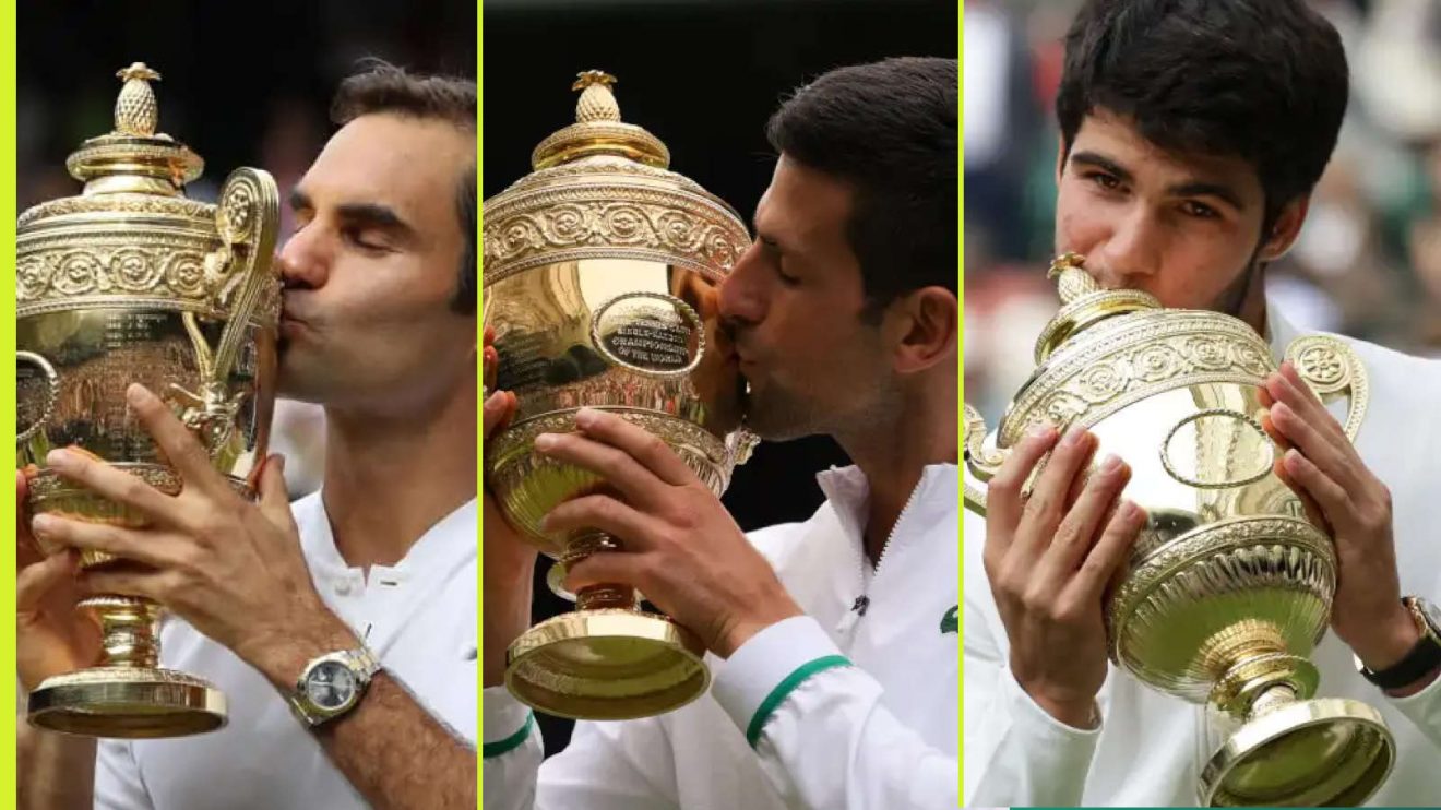 Roger Federer Novak Djokovic and Carlos Alcaraz with Wimbledon trophies