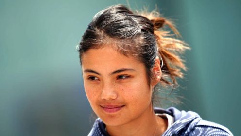 Emma Raducanu speaks with the media on day one of the Rothesay Open at Lexus Nottingham Tennis Centre, Nottingham