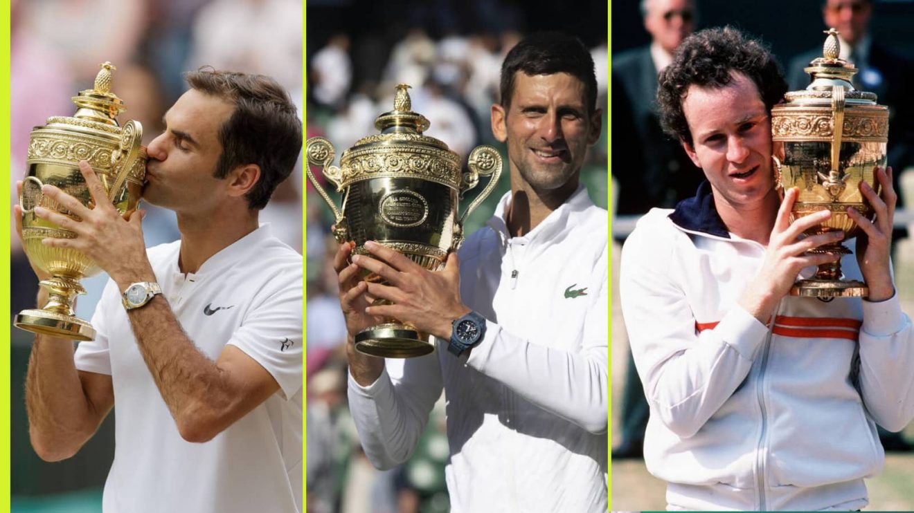 Roger Federer, Novak Djokovic and John McEnroe with the Wimbledon trophy in 2017, 2022 and 1984 respectively