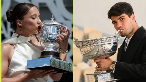 Iga Swiatek and Carlos Alcaraz with the 2024 French Open trophies