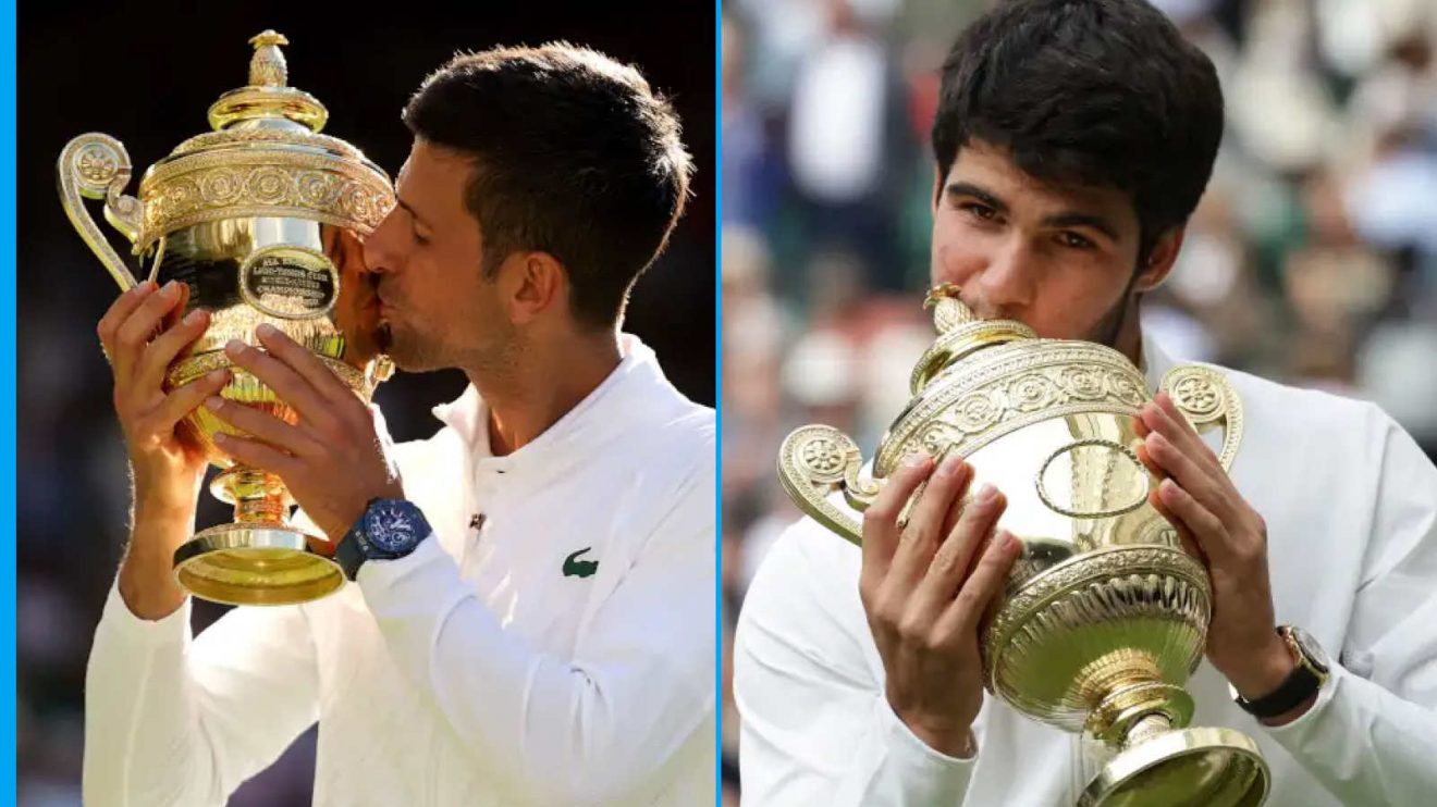 Novak Djokovic and Carlos Alcaraz with Wimbledon trophies