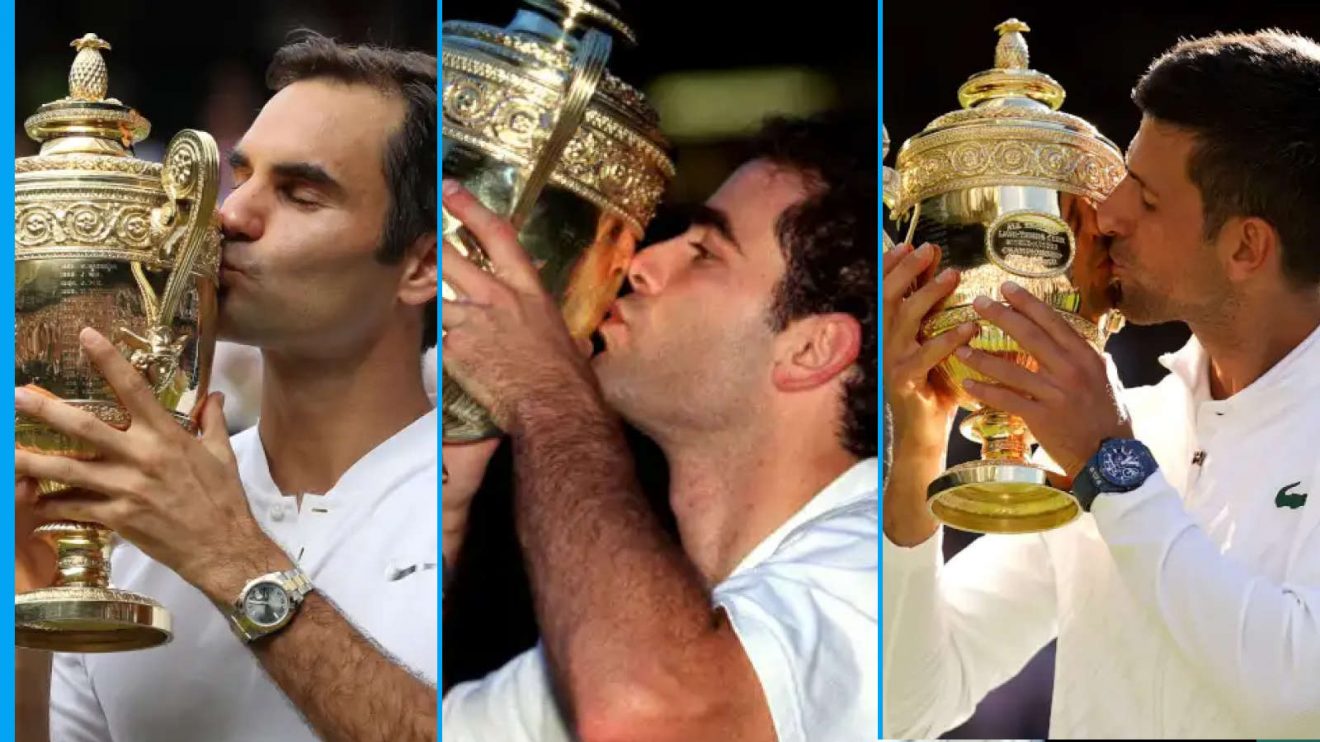 Wimbledon champions Roger Federer, Pete Sampras and Novak Djokovic with the trophy