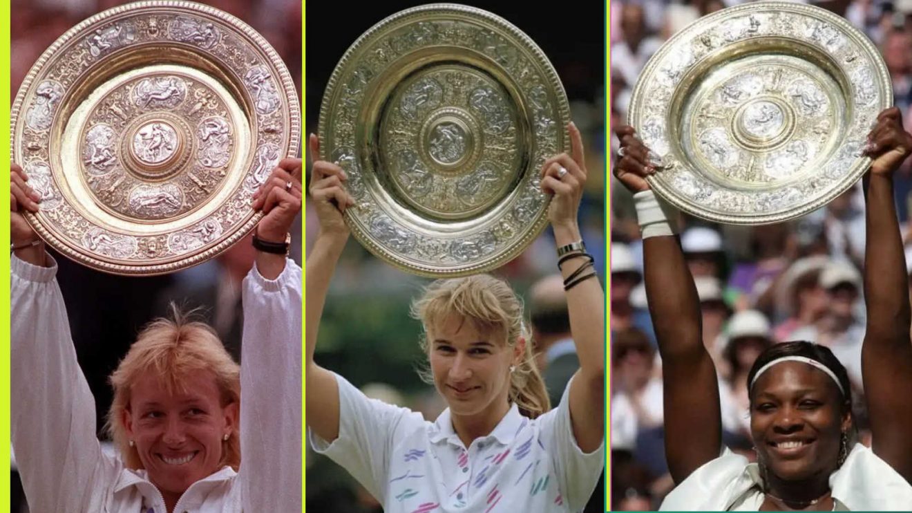 Martina Navratilova Steffi Graf and Serena Williams with Wimbledon trophies