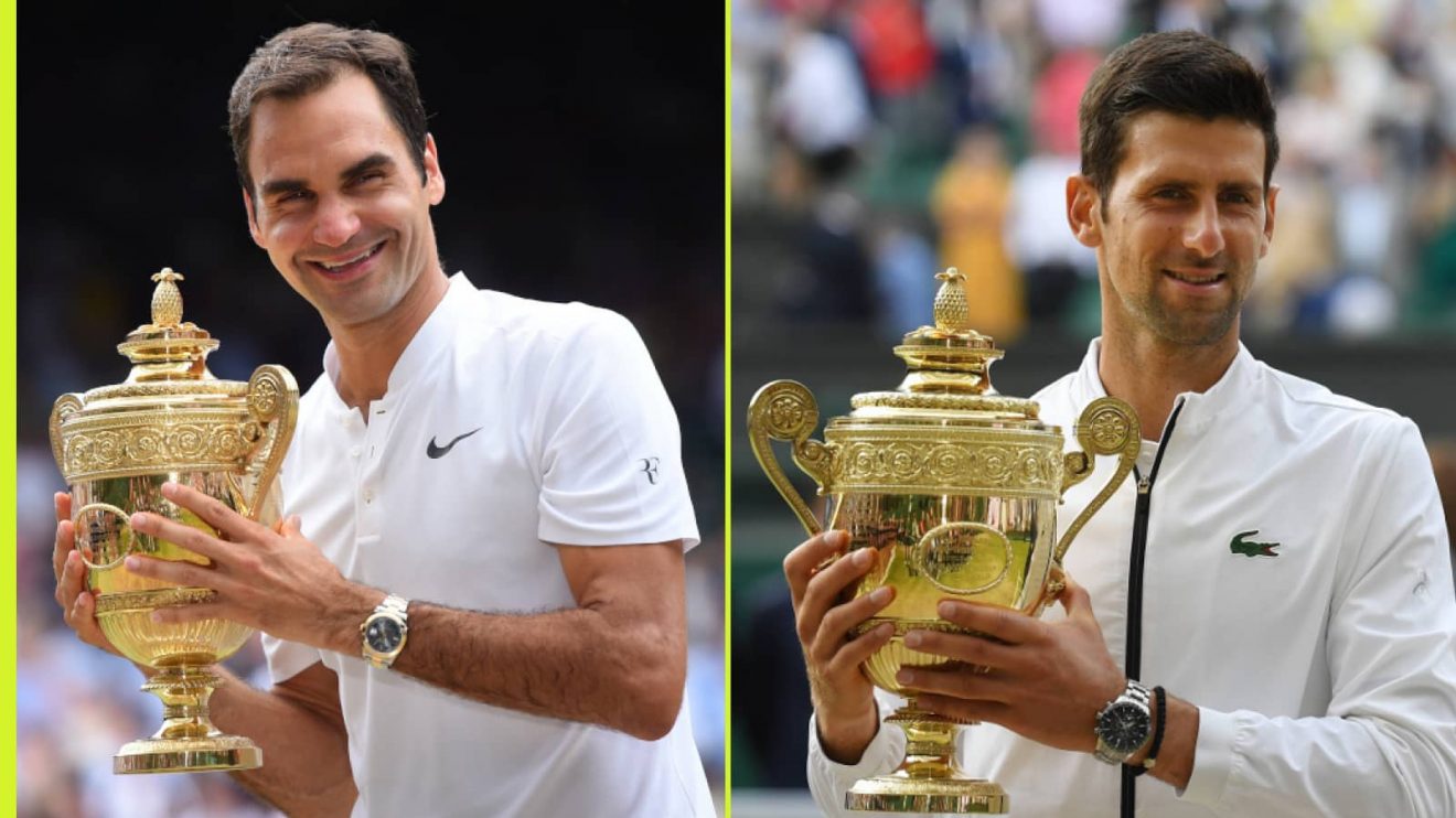 Roger Federer and Novak Djokovic with the Wimbledon trophy