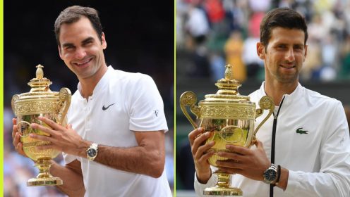 Roger Federer and Novak Djokovic with the Wimbledon trophy