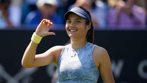 Emma Raducanu celebrates at the 2024 Eastbourne International