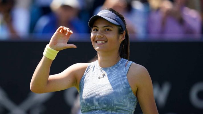 Emma Raducanu celebrates at the 2024 Eastbourne International