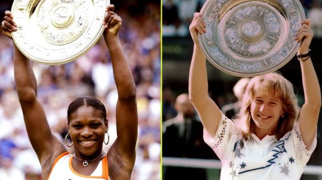 Serena Williams and Steffi Graf lifting the Wimbledon trophy
