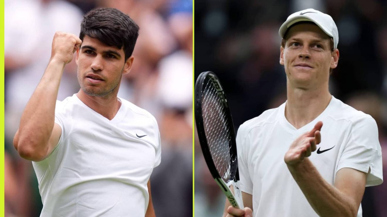 Carlos Alcaraz and Jannik Sinner celebrate at Wimbledon in 2024
