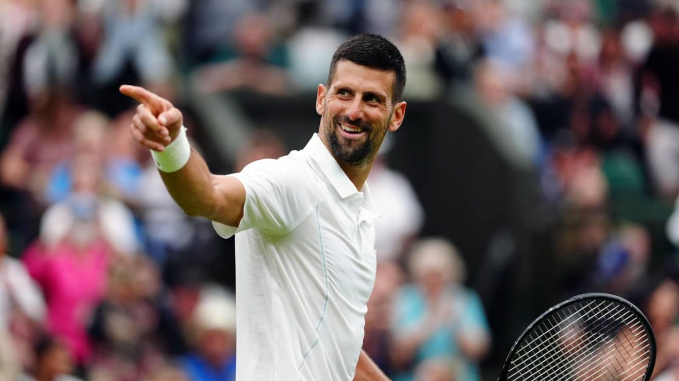 Novak Djokovic celebrates at the 2024 Wimbledon Championships