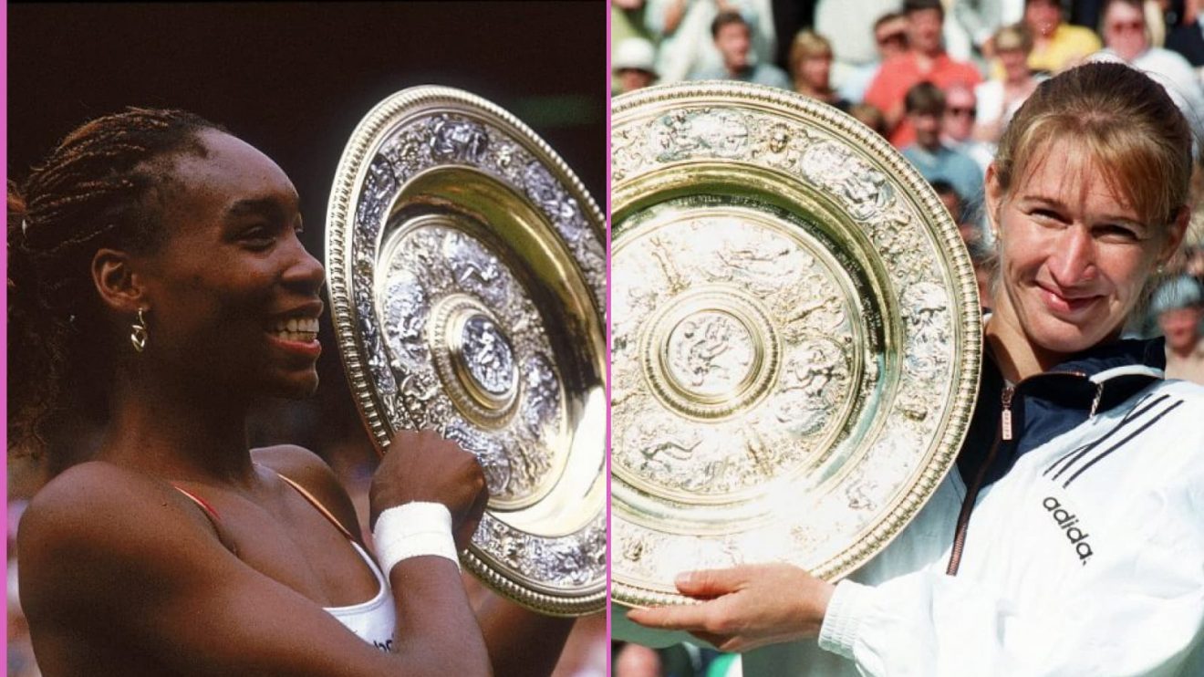 Venus Williams and Steffi Graf with the Venus Rosewater Dish
