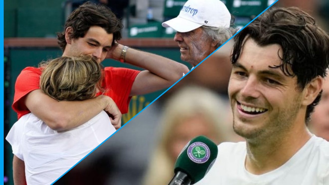 Pictured: Taylor Fritz with his family at Indian Wells in 2022, and at Wimbledon in 2024