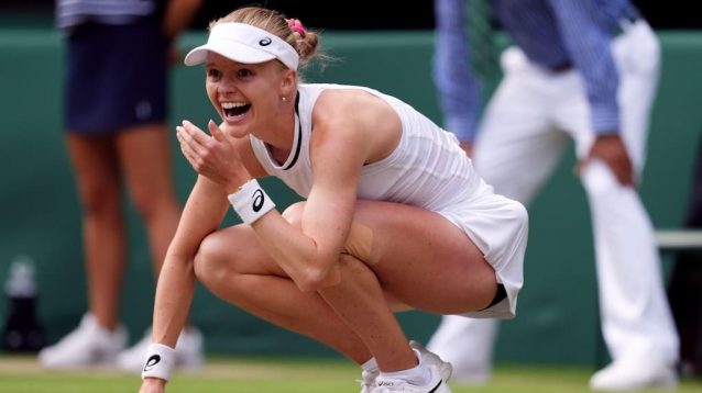 Harriet Dart celebrates after beating Katie Boulter at Wimbledon.