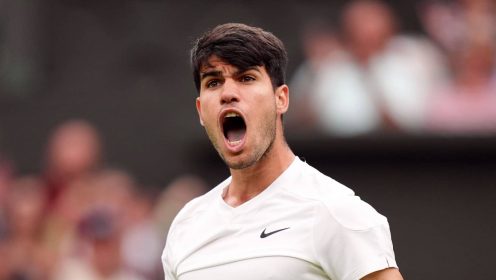 Carlos Alcaraz reacts at Wimbledon in 2024