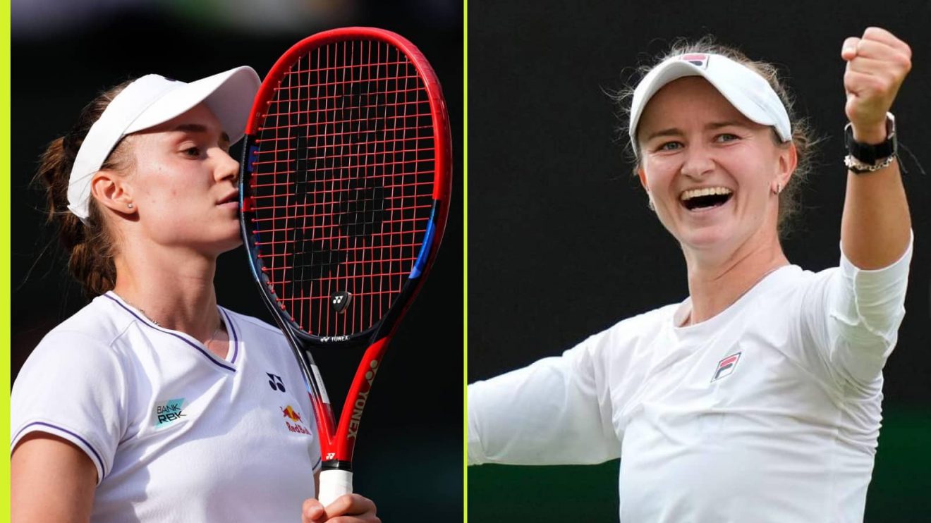Elena Rybakina and Barbora Krejcikova react at Wimbledon 2024
