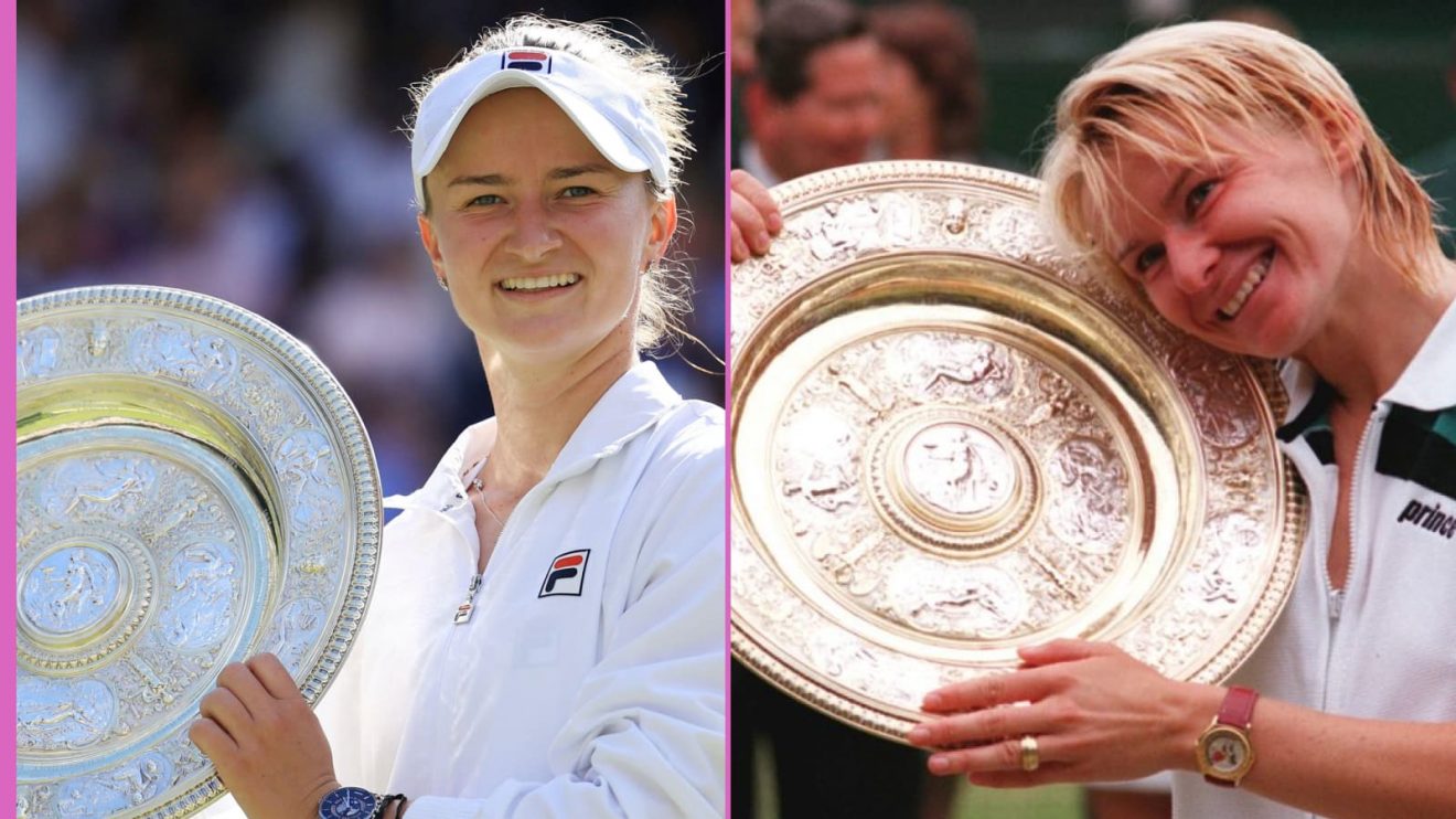 Barbora Krejcikova and Jana Novotna with the Wimbledon title.