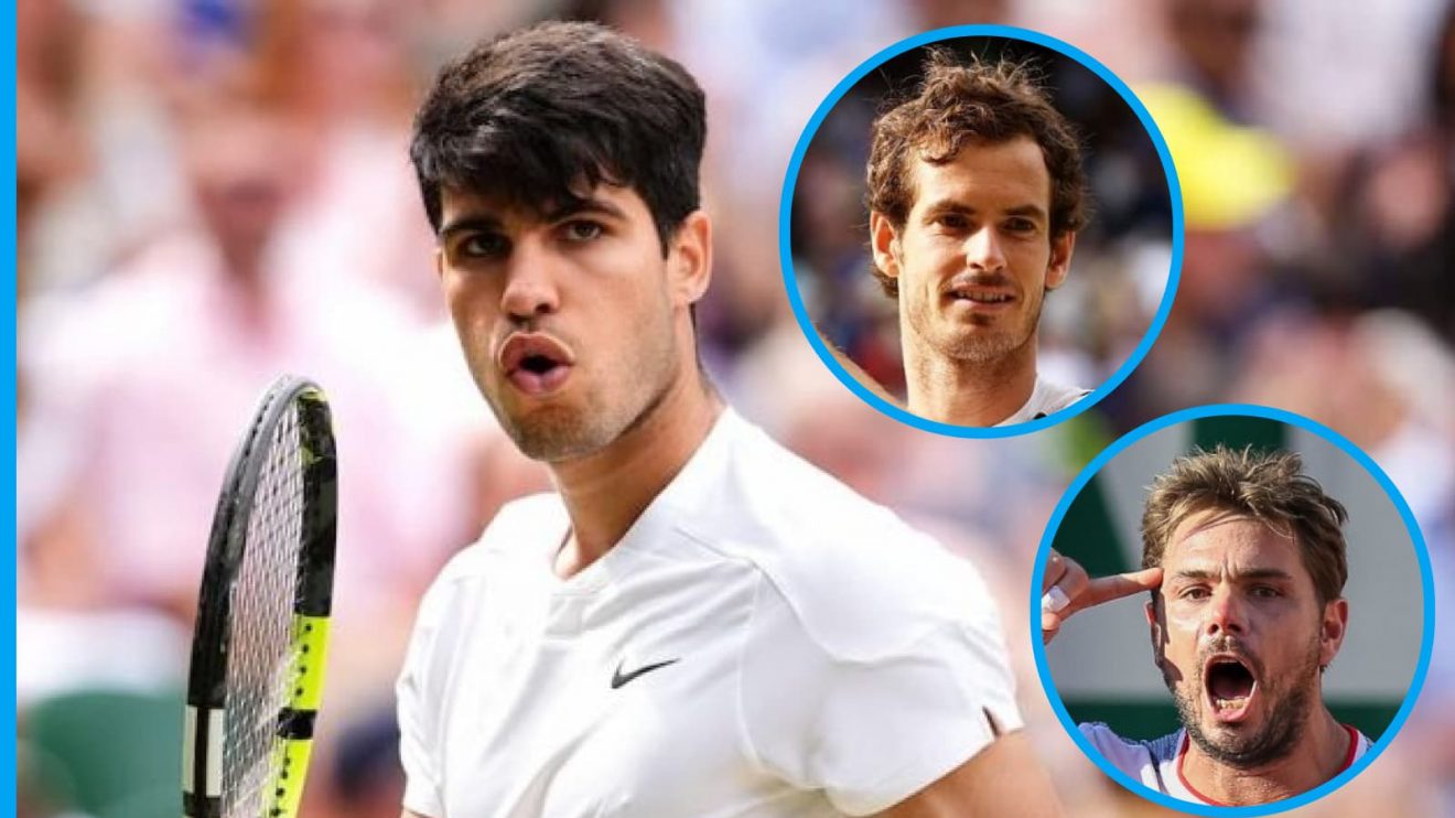 Carlos Alcaraz at Wimbledon with inset pictures of Andy Murray and Stan Wawrinka.